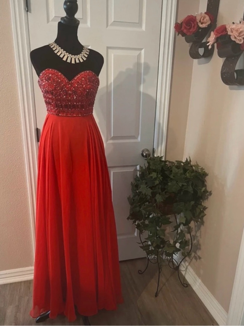 Mori Lee Strapless Red Beaded Chiffon Maxi Dress